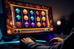 Leuchtende Walzen eines modernen Online-Spielautomaten auf einem Bildschirm in dunkler Umgebung